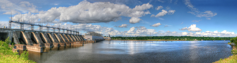 Panoramic view of a large hydro-electric dam in Pointe-Calumet