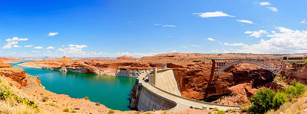 Lake Powell Panorama Panoramic view of Lake Powell and Glen Canyon Dam  glen canyon dam stock pictures, royalty-free photos & images