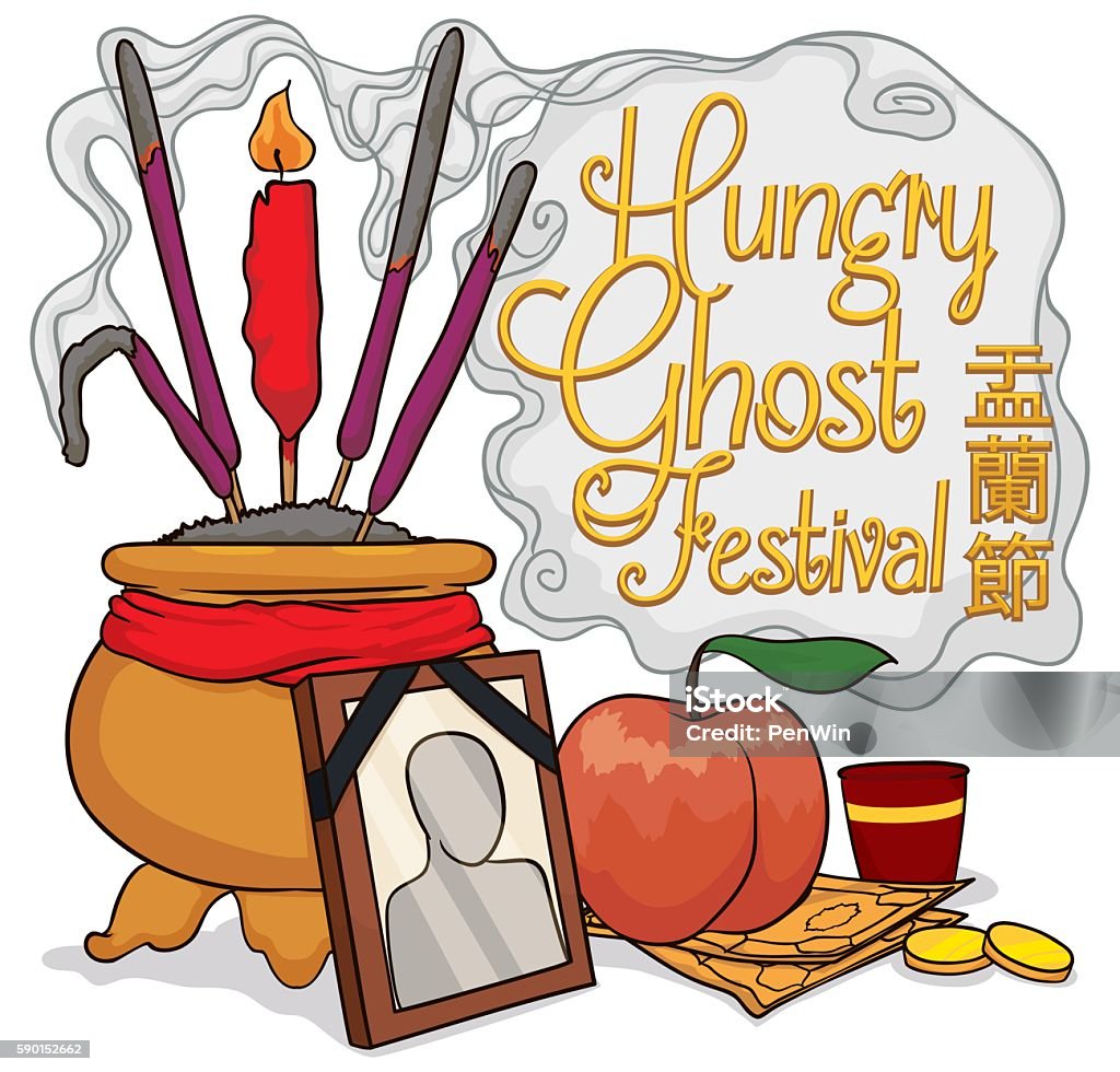 Offerings to Pay Respect to Ancestors in Ghost Festival Traditional tribute in a pot and a portrait to homage the deceased in Hungry Ghost Festival ("Yu Lan Jie" in traditional Chinese calligraphy): incense, candle, fruit, joss money, coins and beverage. Hungry Ghost Festival stock vector