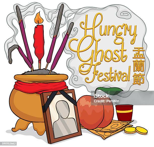 Offerings To Pay Respect To Ancestors In Ghost Festival Stock Illustration - Download Image Now