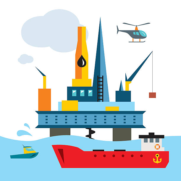 platforma wiertnicza vector offshore. płaski styl kolorowe ilustracji kreskówki. - construction platform sea drill mining stock illustrations