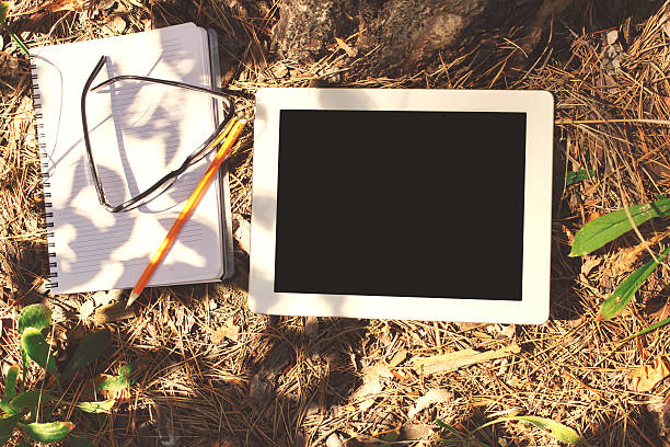 istock Tablet with blank screen, notebooks, pencils and glasses at park 590154714