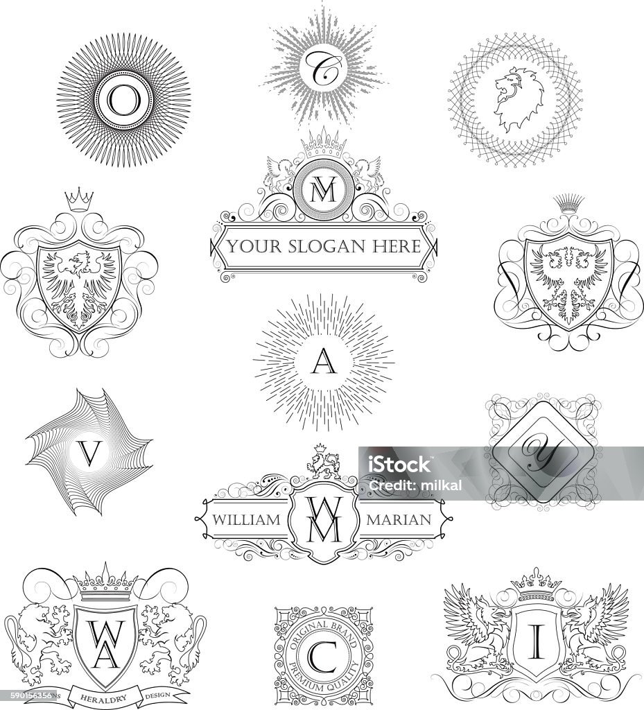 Set of outline monograms Collection of heraldry outline coat of arms and monograms design.File contain EPS10 and large JPEG. Coat Of Arms stock vector