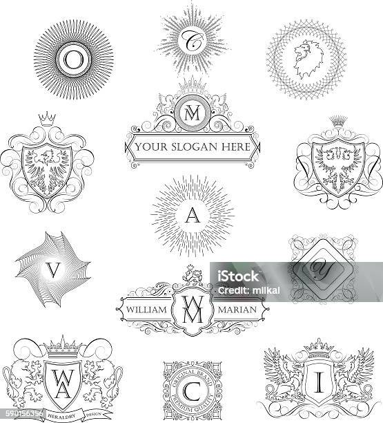 Set Of Outline Monograms Stock Illustration - Download Image Now - Coat Of Arms, Sun, Crown - Headwear
