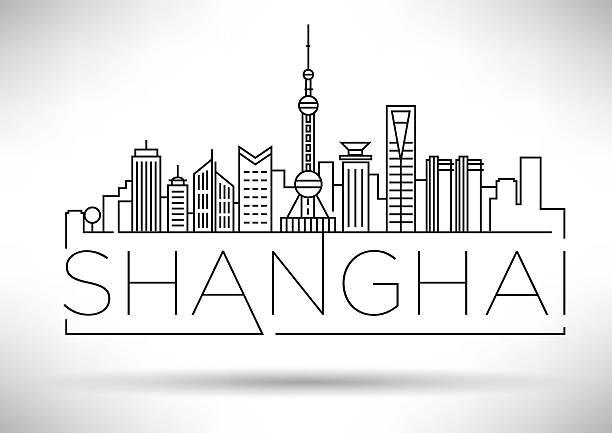 minimal vector shanghai city linear skyline mit typografischem des - shanghai stock-grafiken, -clipart, -cartoons und -symbole