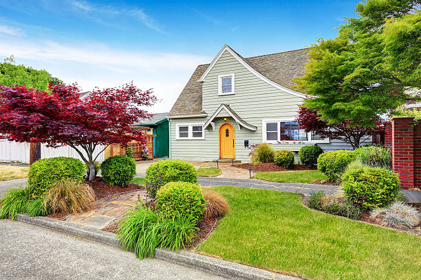 istock Classic American house exterior with nice landscape desing. 590161228