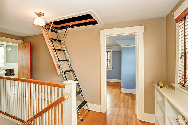 intérieur du couloir avec échelle de grenier pliante - house attic desing residential structure photos et images de collection