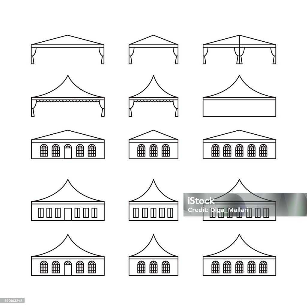 Icon set of various types event tent. Icon set of various types event tent. Folding tent, canvas roof, wedding tent, canopy. Vector illustration. Entertainment Tent stock vector