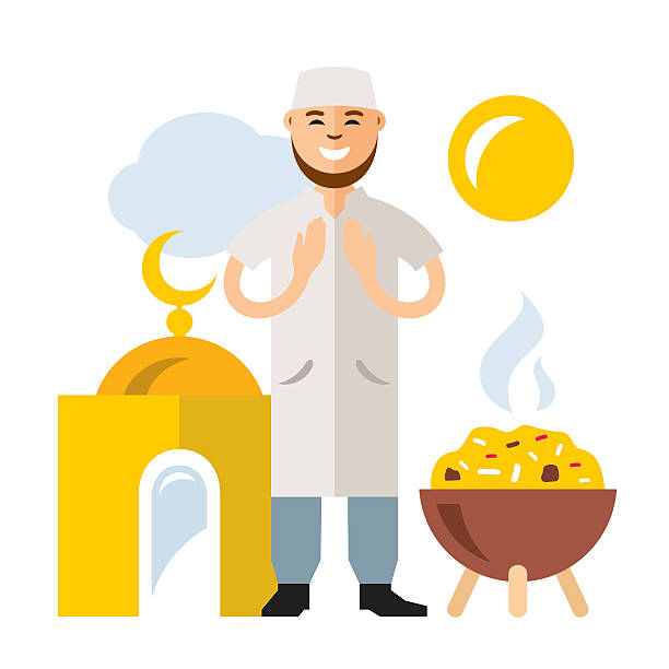 Vector Islamic Prayer. Flat style colorful Cartoon illustration. Man praying raised his hands to his face. Isolated on a white background i love allah in arabic silhouettes stock illustrations