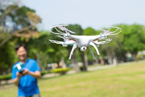 man play drone in the park happily, asian