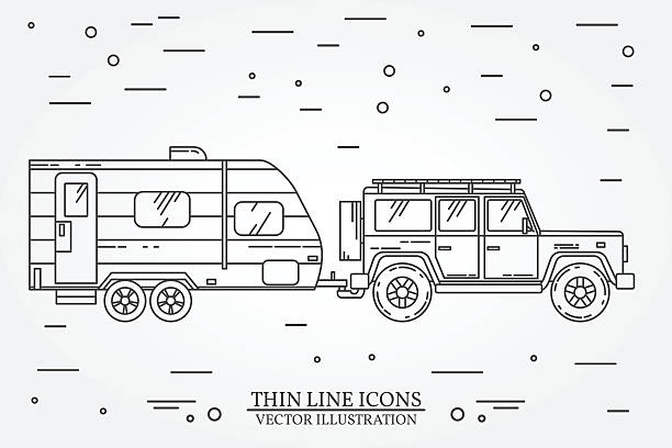 Vector illustration of car and travel trailers Vector illustration of car and travel trailers. Summer trip family travel concept.  Thin line icon. Vector illustration. film trailer music stock illustrations