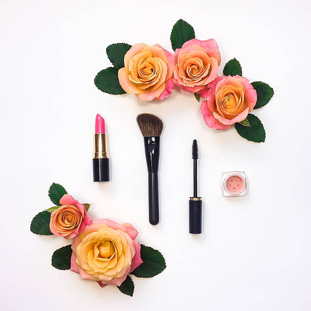 istock Decorative flat lay composition with cosmetics and flowers. Flat lay 590170280