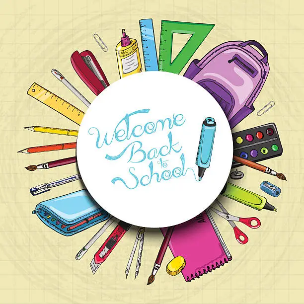 Vector illustration of Vector background with school supplies in a circle