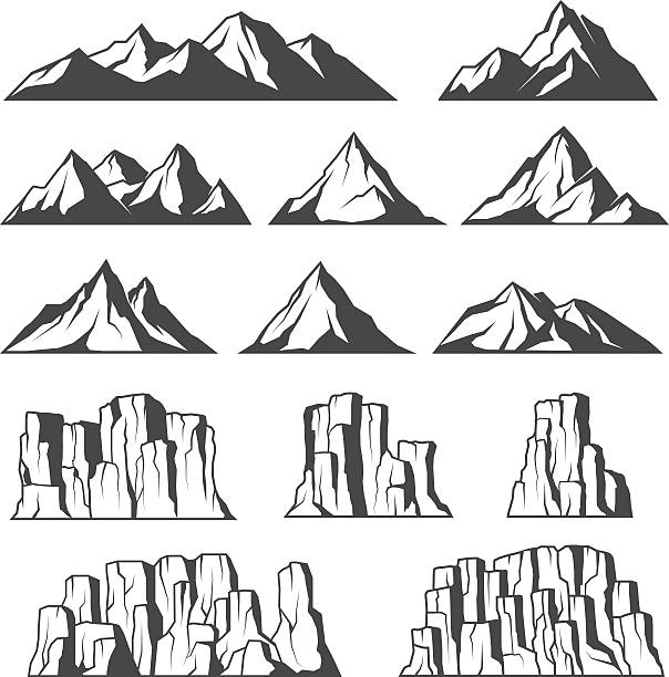 Mountains and cliffs icons Set of vector icons of montains and cliffs rock formations stock illustrations
