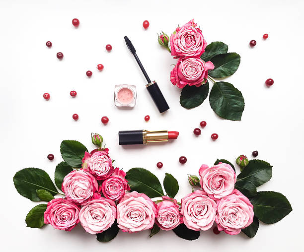 istock Decorative flat lay composition with cosmetics and flowers 590172408