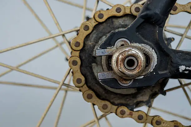 Photo of Old Chain of bicycle in wheel.(Selective focus)