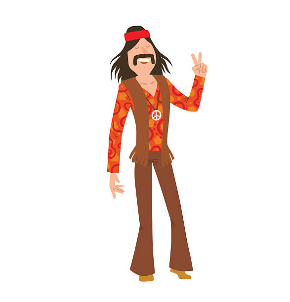 Man hippie with long black hair To EPS10 flare pants stock illustrations