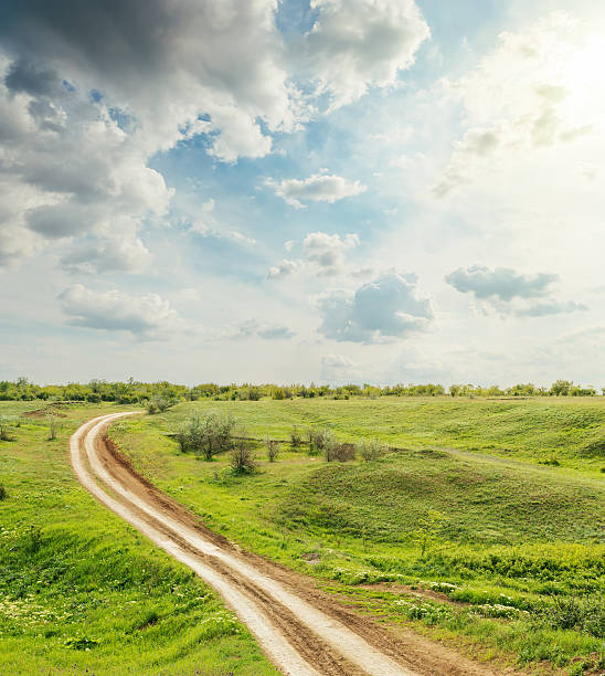 istock rural road in green meadow under clouds in sunset 590174512