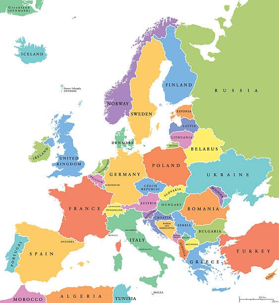 Europe single states political map Europe single states political map. All countries in different colors, with national borders and country names. English labeling and scaling. Illustration on white background. europe stock illustrations