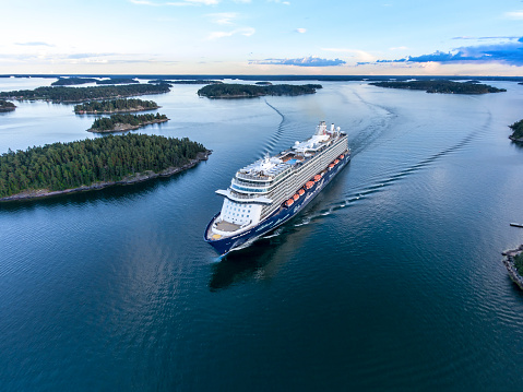 Stockholm, Sweden - July, 4th 2016: Mein Schiff 4 cruiser in Stockholm archipelago. The ship is in the TUI Cruises Line fleet. Aerial view.