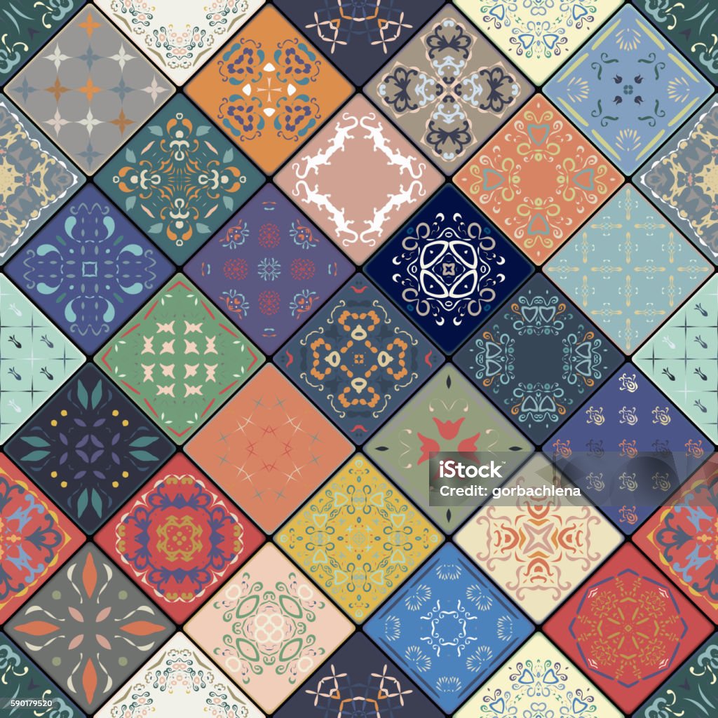 Luxury oriental tile seamless pattern. Luxury oriental tile seamless pattern. Colorful floral patchwork background. Mandala boho chic style. Rich flower ornament. Square design elements. Portuguese moroccan motif. Unusual flourish print. Pattern stock vector