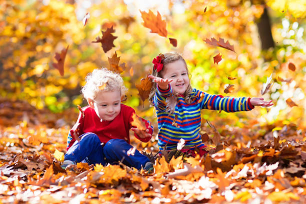 istock Happy little kids playing in autumn park 590180306