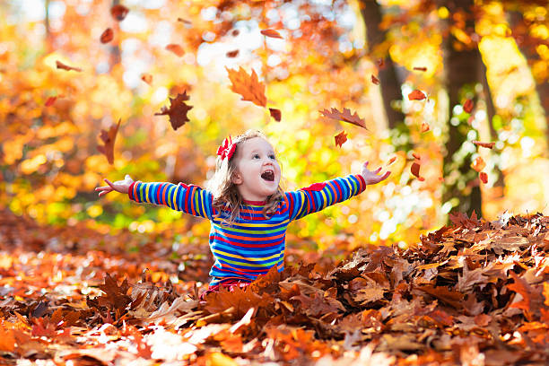 Sweet little girl in autumn park Happy little girl playing in beautiful autumn park on warm sunny fall day. Kids play with golden maple leaves. acorn photos stock pictures, royalty-free photos & images