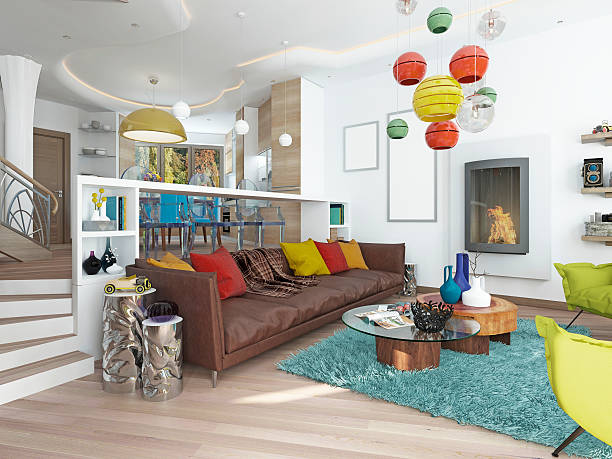 Luxury large living room in the style of kitsch. Luxury large living room in the style of kitsch. Contemporary living room with large leather, brown sofa with colorful pillows and two green chairs with a fireplace. 3D render. kitsch stock pictures, royalty-free photos & images