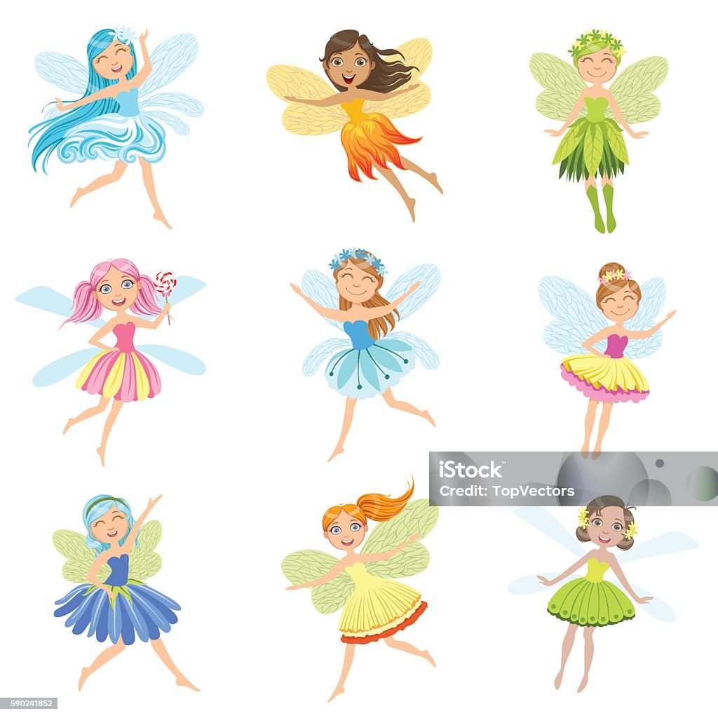 Cute Fairies In Pretty Dresses Girly Cartoon Characters Collection Cute Fairies In Pretty Dresses Girly Cartoon Characters Collection. Childish Design Fairy-tale Creatures Simple Adorable Illustrations. Fairy stock vector