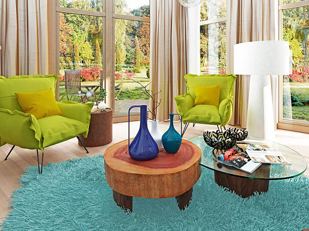 Beautiful armchairs with a side table in living room. 3D rendering of elegant living room furniture.