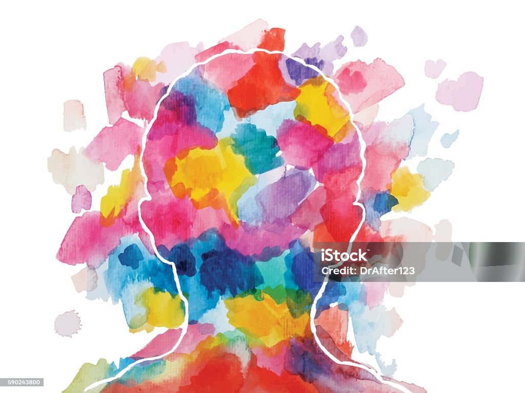 Vibrant Watercolor Child  Head Abstract vector watercolor drawing of a child head. Background and head elements are separated on different layers. Mental Health stock vector