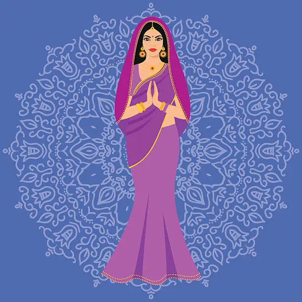 Vector illustration of Beautiful Indian brunette young woman in colorful sari