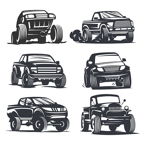 pickup truck set Set off-road suv car monochrome labels, emblems, badges or logos isolated on white background. Off-roading trip emblems, 4x4 extreme club emblems. Vector EPS10. truck silhouettes stock illustrations