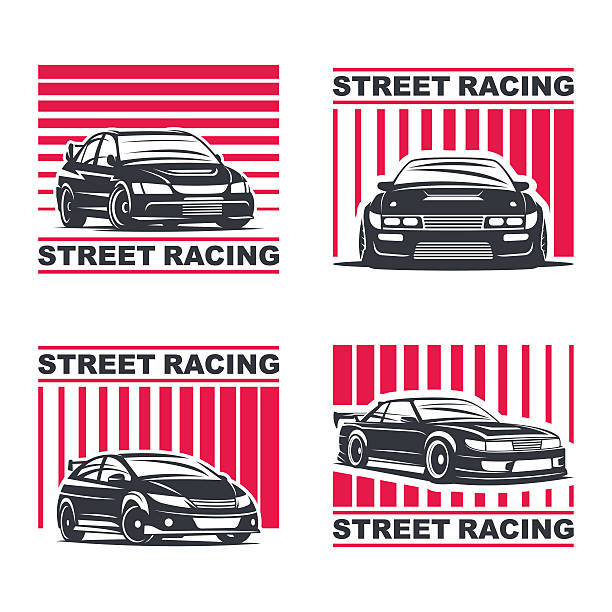 streetracing emblem set Set of four sport cars logo, badge illustration on white background. Drift, Drag racing, Tuning, Motor Sport. Vector EPS 10. snowdrift stock illustrations