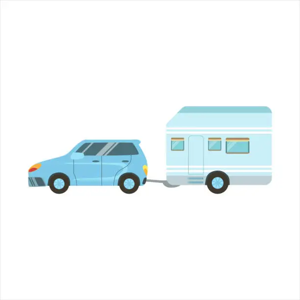 Vector illustration of Car Pulling The Trailer Family Motorhome Flat Colorful