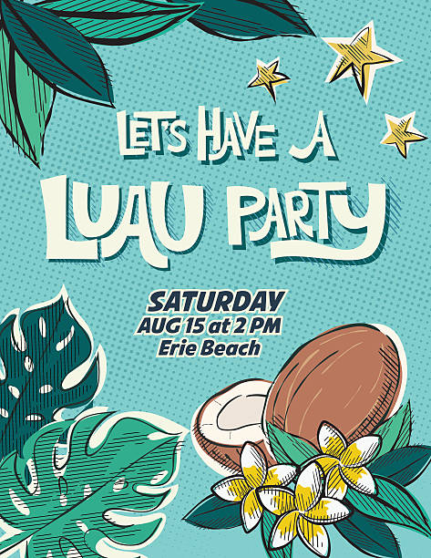 illustrazioni stock, clip art, cartoni animati e icone di tendenza di modello di invito per feste luau in stile vintage - hawaiian food