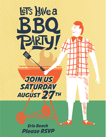 Vintage Style BBQ Party Invitation Template, drawn in the fun cartoon style of the 1950s and 1960s. Designed to look like old illustrated cookbooks or advertising art.