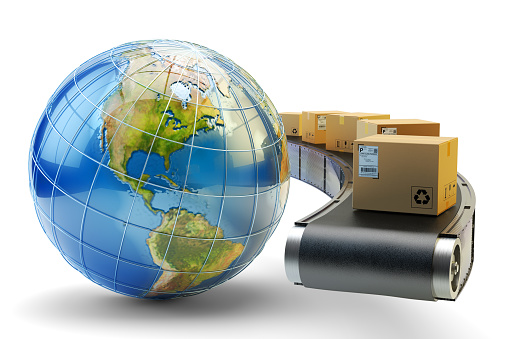 Global purchases transportation business, cardboard boxes on conveyor belt and Earth globe isolated on white background