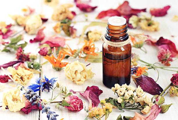 istock Aromatic herbal oil, dried flowers 590249606
