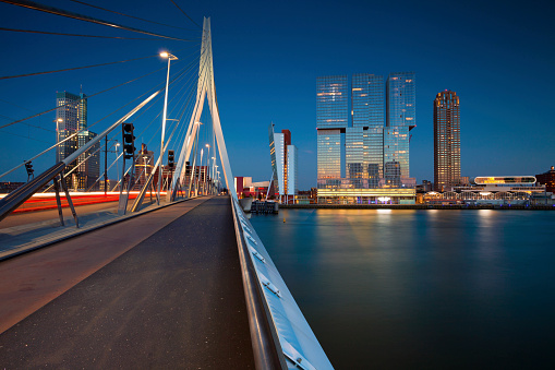 Image of Rotterdam, Netherlands during twilight blue hour.