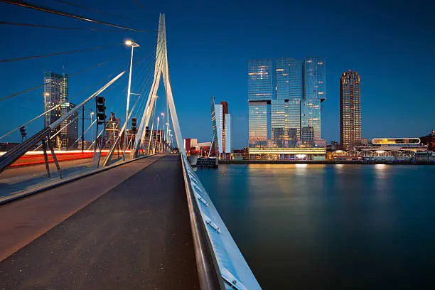 Image of Rotterdam, Netherlands during twilight blue hour.