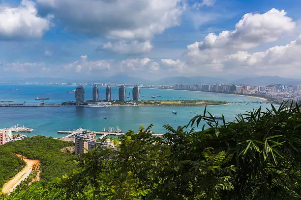 Aerial view of Sanya city and Dadonghai bay from Luhuitou Park in Hainan province, China