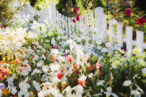 Digitally generated image of Fence separating gardens full with flowers.