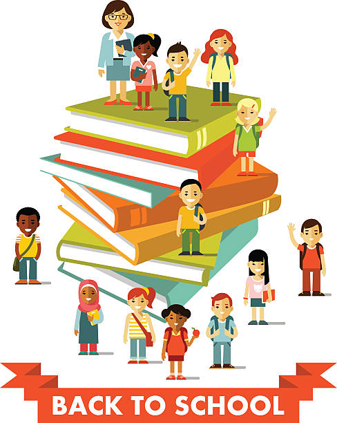 Back to school education people concept in flat style Different multicultural children group and school teacher near big books school sport high up tall stock illustrations