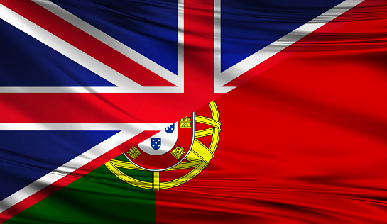 United Kingdom and Portuguese flag in grunge and vintage style.