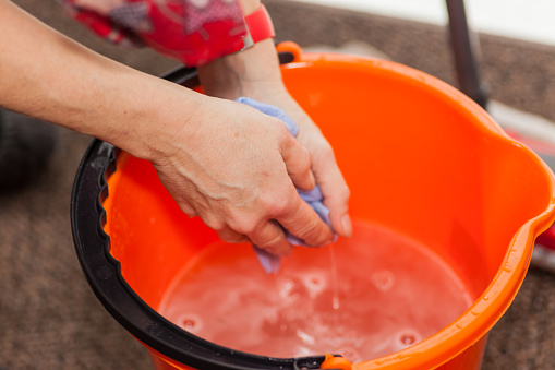 Two woman hands in a mop bucket