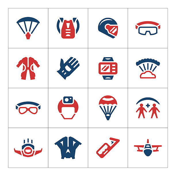 ilustrações de stock, clip art, desenhos animados e ícones de set color icons of parachute - skydiving tandem parachute parachuting