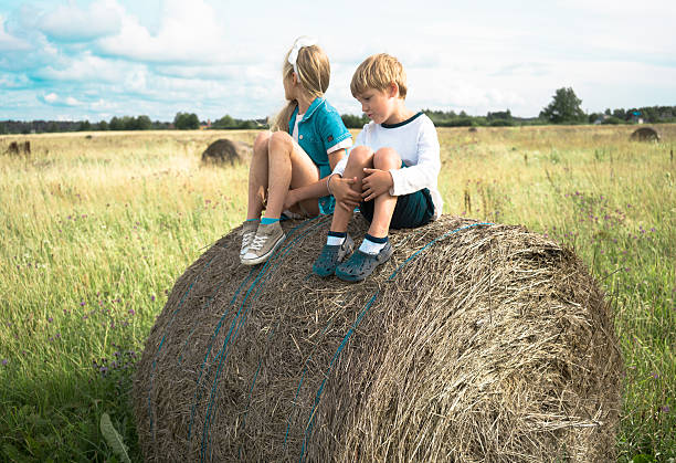 istock Boy with a girl sitting on  haystack  the background of 590260918