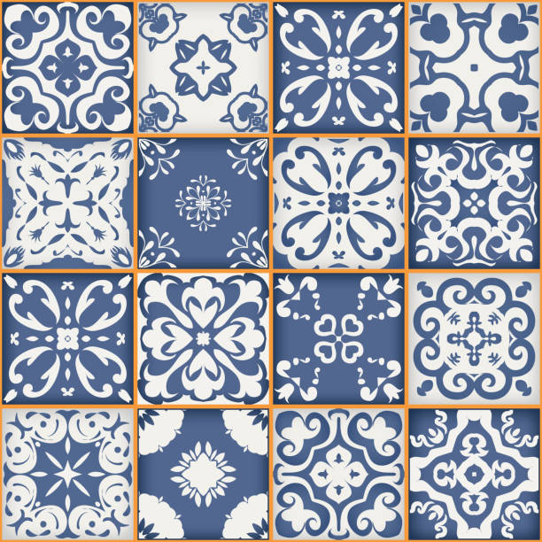 Gorgeous seamless patchwork pattern. dark blue white Moroccan tiles ornaments. Gorgeous seamless patchwork pattern from dark blue and white Moroccan tiles, ornaments. Can be used for wallpaper, pattern fills, web page background,surface texturesLuxury oriental tile seamless pattern. Colorful floral patchwork background. Boho chic style. Rich flower ornament. Square design elements. Portuguese moroccan motif. Unusual flourish print. mexican tile cross stock illustrations