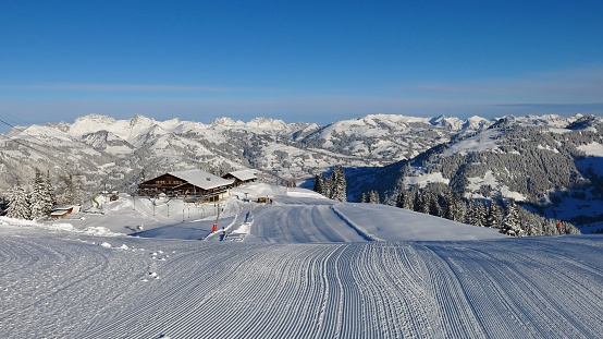 Summit station of the Wispile ski area. Winter landscape in Gstaad, Switzerland. Ski slope.